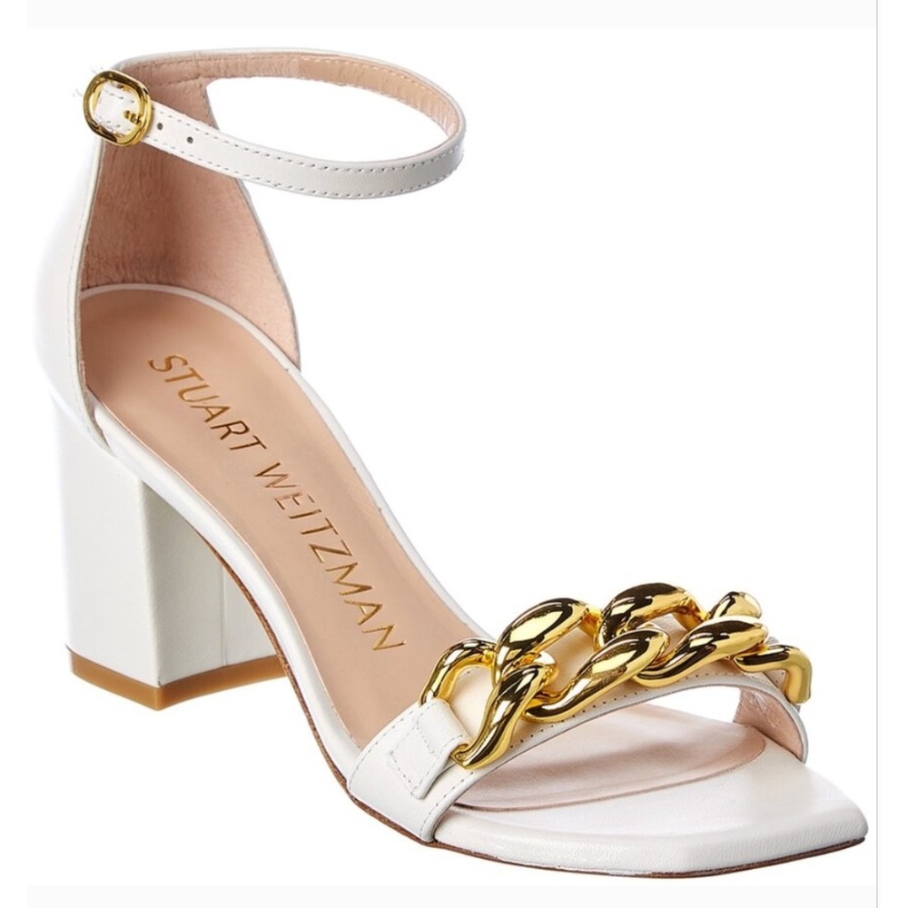 Stuart Weitzman Amelina 75 Ankle Strap Sandals White Leather Gold Chain Size 8.5